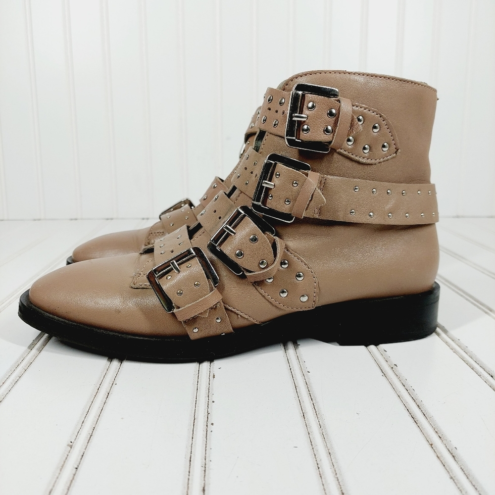 Topshop Paige Beige Leather Studded Buckle Straps Side Zip Ankle Boots C596
